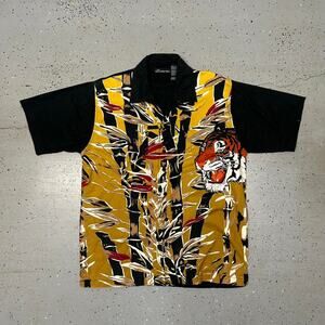 Yellow and black Y2K tiger print button up shirt